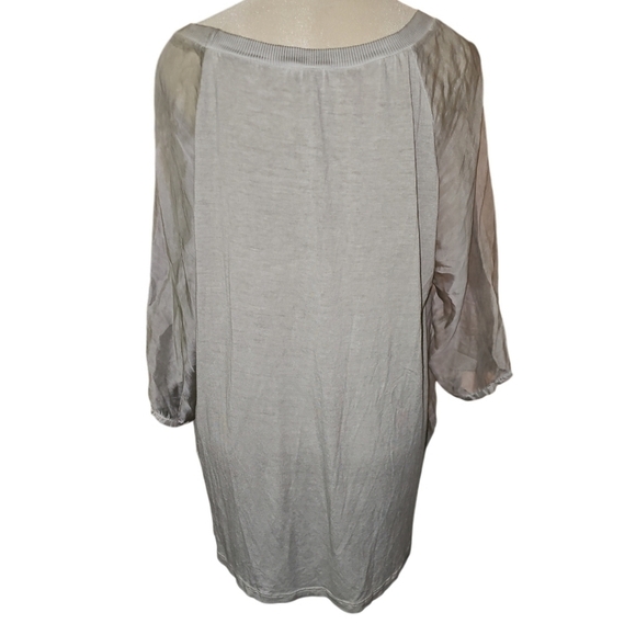 Giusy Italy Silk Blouse Lace Detail Sequins 2 Layers in Front Sheer arms GREY L - Picture 4 of 9